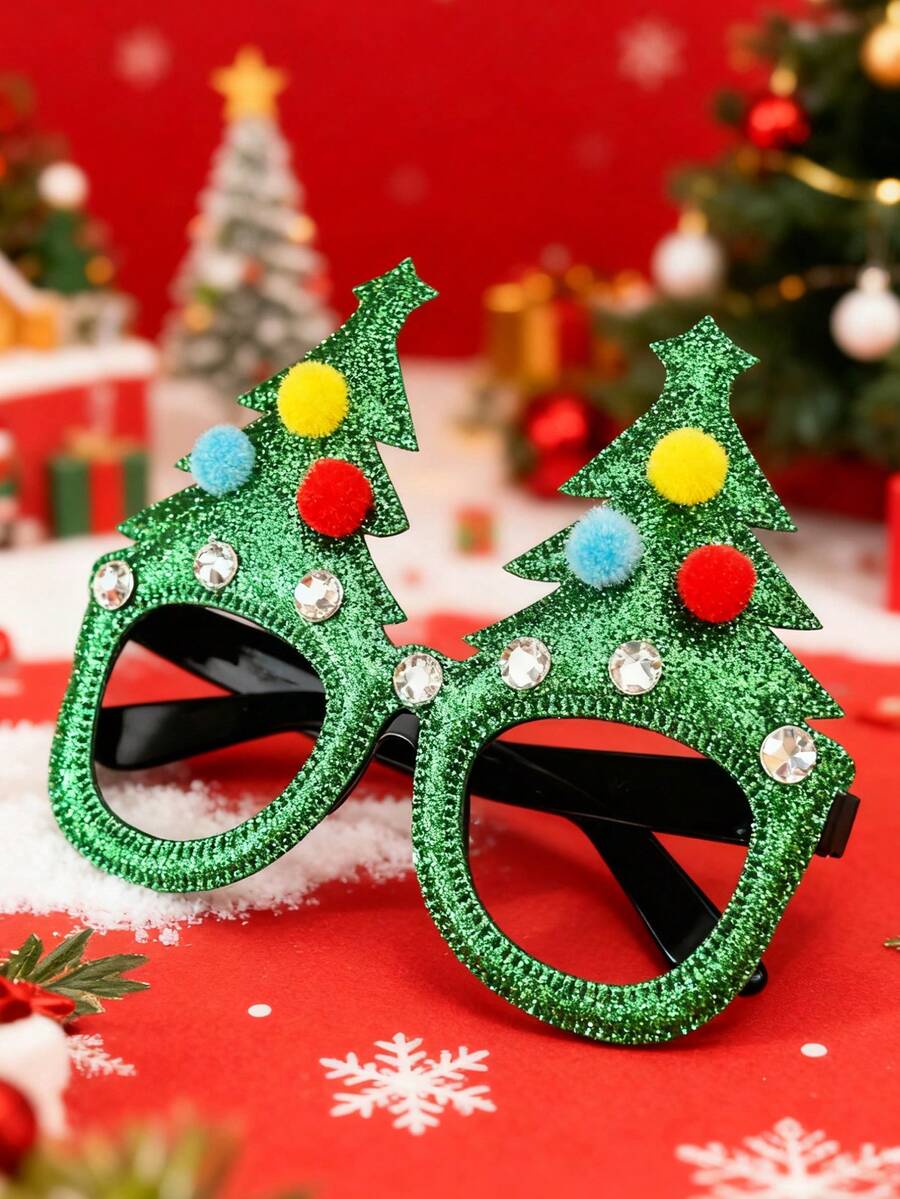 1 peça de armação de óculos feminina com pompom de árvore de Natal e strass, acessório divertido para festas e presilha de cabelo. - Multicolorido - Ver 1