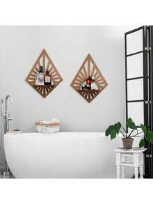 1/2 Pcs Bohemian Brown Vintage Wall Mounted Shelves, Rustic Farmhouse Style Wooden Wall Mounted Diamond Hanging Candle Holder, Suitable For Nursery Bedroom Decor (Diamond) - Multicolor - View 7