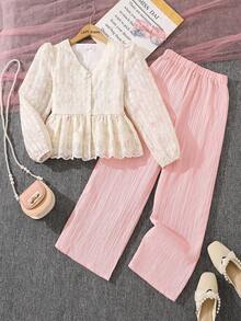 Left Mama 2pcs Girls Elegant Floral Print Long Sleeve Top And Straight Leg Pants Set, Spring/Autumn - Beige - View 1