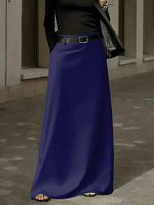 女士时尚针织A字长裙，带实用口袋，中等弹力