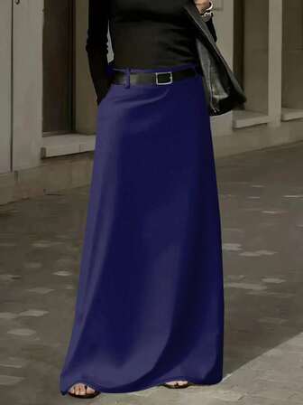 Women's Fashion Knitted A-Line Long Skirt With Practical Pockets, Medium Stretch