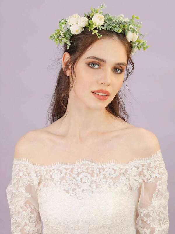 1pc Elegant Green Floral Headband, Bridal Wedding Hair Accessory, Suitable For Women Princess Travel Events Party Headpiece