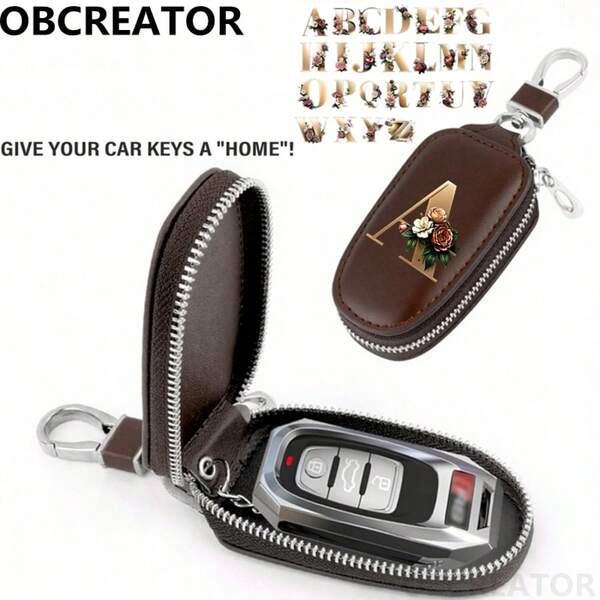 OBCREATOR Initial Zipper Key Organizer Wallet - Name/Initials, Golden-Tone Hardware, PU With Zippered Compartments & Chain Strap, Unisex Gift For Men & Women (Coffee Brown, Valentine's Day, Graduation, Everyday Use) - Stylish & Functional Wallet For Keys & Cards, Wallet Card And Key Holder, Key And Fob Holder And Wallet, Key Wallet For Men