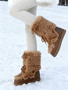 Faux Fur Boots For Women Winter Snow Boots Platform Lace Up Round Toe Boots Warm Snow Shoes Fluffy Winter Boots - màu nâu - Xem 7