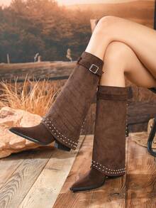 女士中筒靴，绒面革质感，粗跟，西部风格铆钉装饰，适合假日派对、秋冬季穿着 - 棕色 - 查看 1