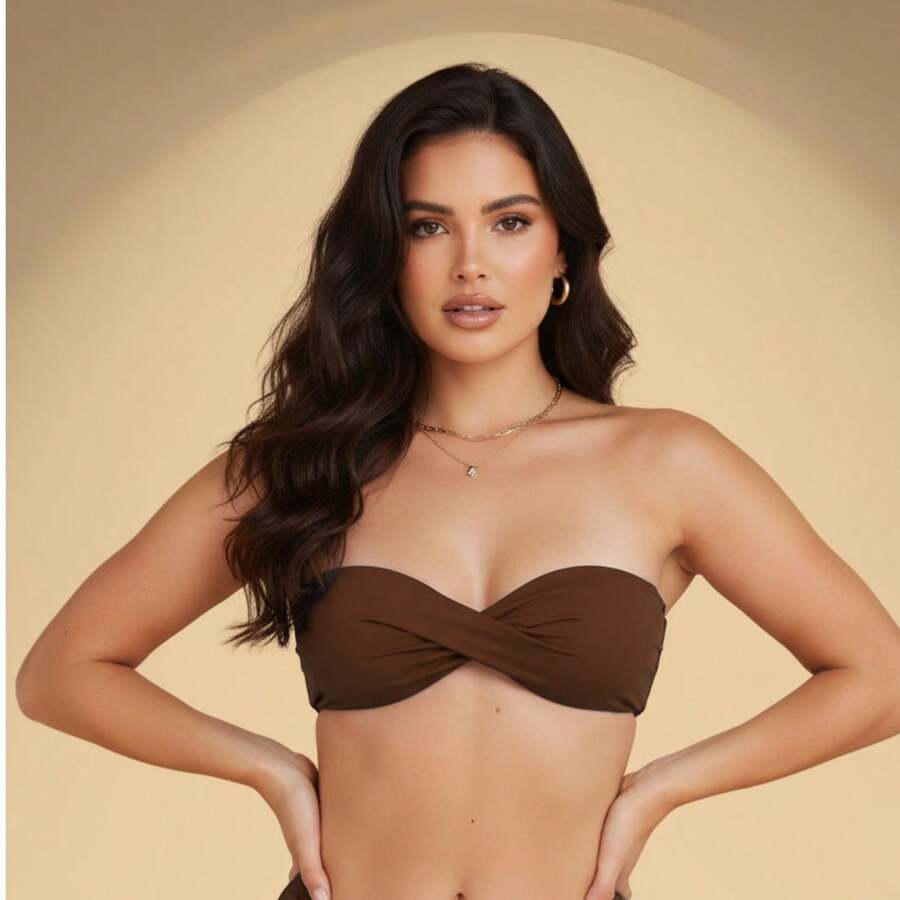 Twisted Strapless Bikini Top With Padded Cups, Made Of Polyester Microfiber. - Rỉ Nâu - Xem 1