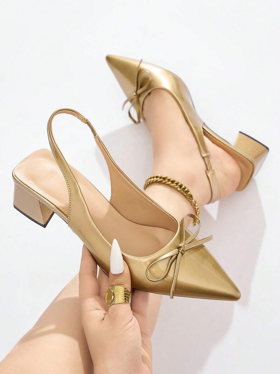 Giày cao gót hở mũi, mũi kín, hở gót, có nơ trang trí cho nữ, giày cao gót đế thô thoải mái, phù hợp cho trang phục hàng ngày, tiệc tùng, đám cưới, những dịp trang trọng, thích hợp cho mùa thu/đông, màu vàng