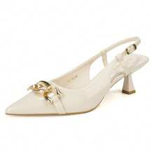 RevReaL Escarpins à bride arrière enrobé avec chaîne dorée – Chaussures élégantes à bout pointu et talon moyen pour le travail, les déplacements et le bureau - Beige - Voir 3