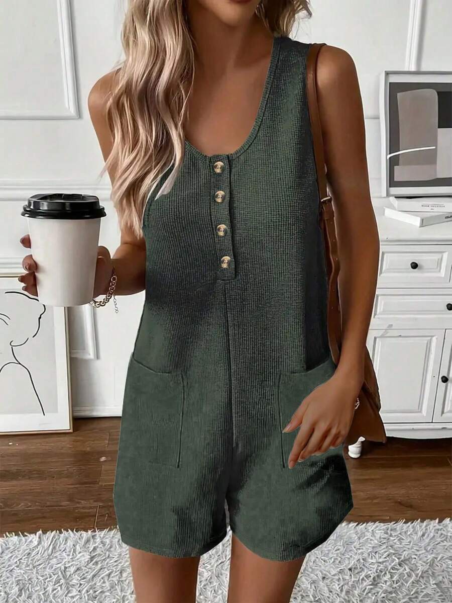 Women's Solid Color Button Half Placket Pocket Casual Romper Jumpsuit - Green - View 1
