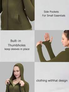 Women's Spring/Summer Hooded Sports Jacket, Winter Women's Jacket, Fashionable Yoga, Outdoor Running, Commuting, Elastic Comfort, Back Shaping, Abdominal Shaping, Slimming And Fitness, Running Sportswear, Zipper Elasticity, Minimalist Fashion, Sexy, Slim Fit, Long Sleeved Yoga Jacket - 軍綠色 - 查看 2