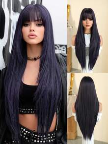 AKAKO 女士超长分层深紫色假发 - 蓬松合成假发，带刘海，自然外观耐热纤维假发，深色哥特式时尚假发，适合日常派对、情人节音乐节和万圣节角色扮演使用 32 英寸 - 紫色 - 查看 2