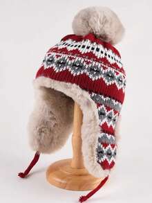 1顶女士撞色毛绒保暖针织帽，秋冬季款，适合圣诞节及冬季户外活动