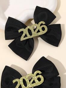 2pcs/Set 2026 Happy New Year Design Teen Girls Hair Bow Clips,Glitter 2026 Decor Black Fabric Headdress,Suitable For Teens New Year Festival Outfit Hair Accessories - Multicolor - View 6