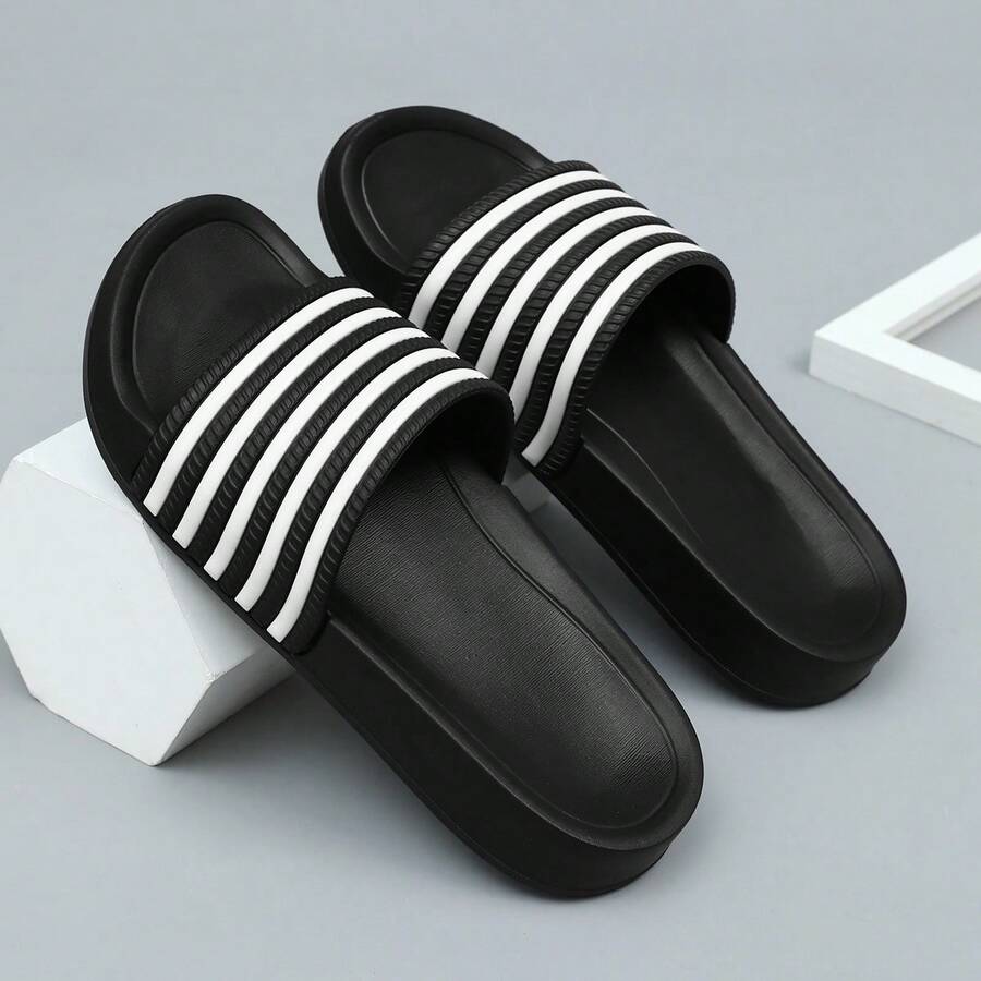 情侣款柔软EVA平底防滑家居拖鞋，男士浴室拖鞋，夏季男士沙滩凉鞋，舒适，适合室内外休闲穿着，家居拖鞋 - 黑與白 - 查看 1