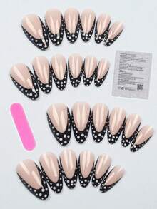 24pcs Medium Almond-Shaped Nail Stickers, Black & White Polka Dot Pattern, French Style, Minimalist Chic, Press-On Nail Kit (Includes: 1pc Jelly Gel And 1pc Nail File), Suitable For Women's Daily Dates And Parties - Black and White - View 2