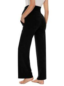 Maternity Pants Over The Belly Flowy Wide Leg Yoga Dress Work Pregnancy Pants Stretchy Lounge Wide Leg Trousers With Pockets - 黑色 - 查看 2