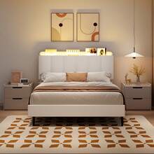 LED Bed Frame With Storage Headboard, Queen Bed Frame With Bookcase Headboard, PU Leather Upholstered Furniture, No Box Spring Needed, Easy Assembly, Christmas Gifts, Bedroom Deccor, Twin/ Full/ Queen, Black/ White (USB LED Strip) - 白色 - 查看 13