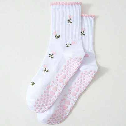 Women's Non-Slip Yoga Socks With Grips, Floral Pattern Pilates Socks, Mid-Calf Exercise Socks For Barre, Dance, Home Workout - Anti-Skid & Comfortable