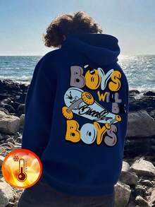1pc Tween Boys' Casual Printed Pullover Sweatshirt, Warm Thermal Lined, Colorful & Fun Design To Inspire Young Imagination, Autumn/Winter - Navy Blue - View 10