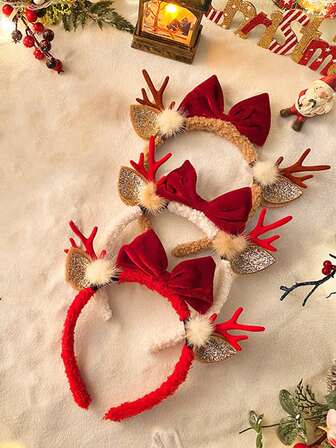 1pc Christmas Deer Antler Bow Headband, Suitable For Women's Retro Style, Brown Deer Design With Red Bow And White Fur Trim, Perfect For Holiday Celebrations, Best Christmas Gift For Yourself And Others