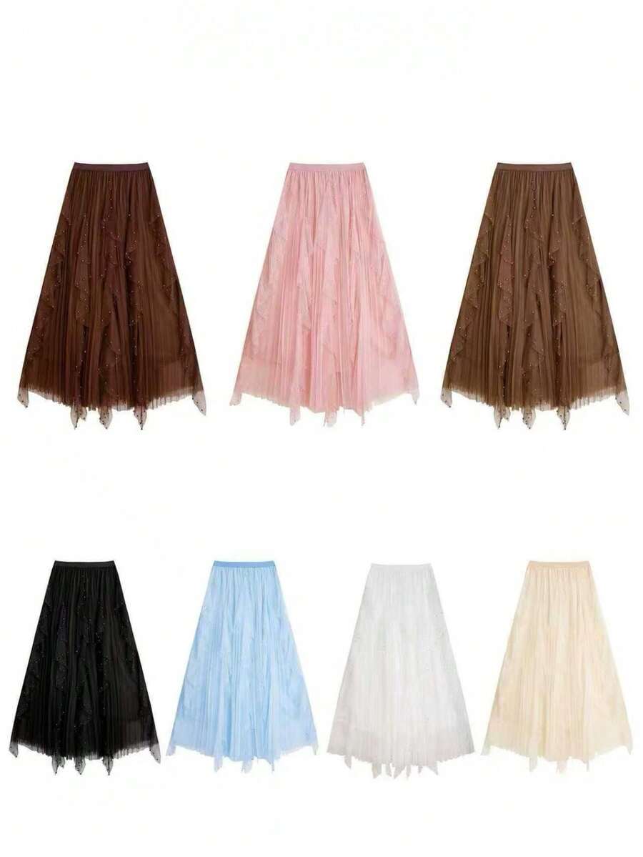 Tulle Skirt With Beads For Women 2025 Irregular Tulle Skirt A-Line Draped High-Waisted Midi Skirt - 白色 - 查看 1