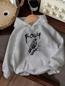 Sudadera con capucha estilo gótico oscuro con estampado de letra de cuervo "F-CAW-F" Parte superior gótica retro con cordones, bolsillos, capucha, tela de punto de manga larga, forro de invierno, sudadera de mujer, sudadera, sudadera talla grande, ropa de mujer talla grande, temporada de otoño e invierno, ajuste holgado y cómodo, ropa de otoño e invierno talla grande, uso diario