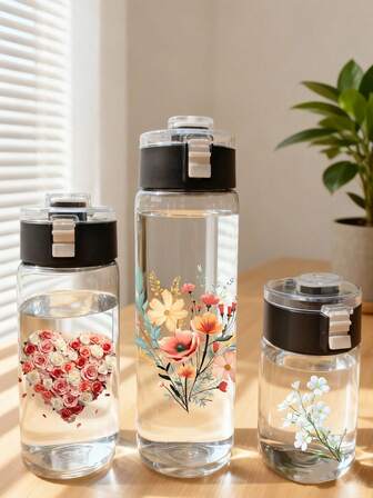 1pc Leak-Proof Pump Water Bottle, Lightweight And Durable Plastic Material, Flower Design, Suitable For Fitness, Running, Basketball And Other Sports, Portable And Stylish, A Great Gift For Birthdays, Mother's Day, Graduation Ceremonies, Sports Hydration Equipment, Christmas (Due To DIY Product Design, Size, Color And Position May Vary Slightly)