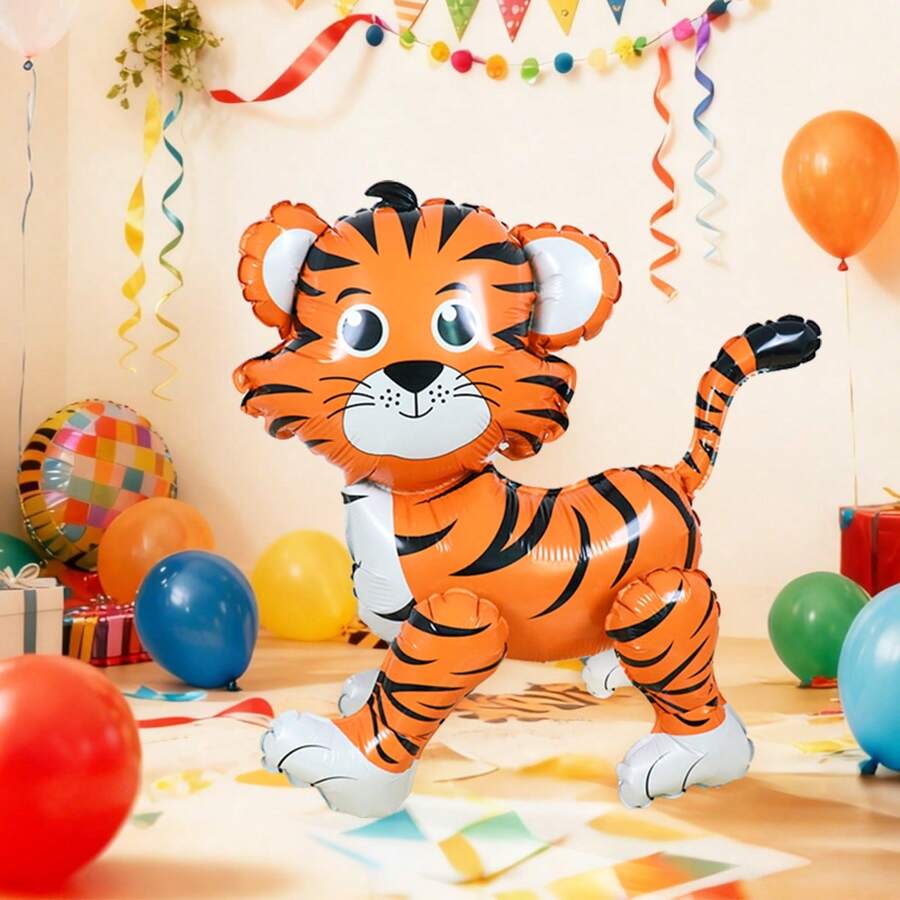1个3D立体老虎造型铝箔气球,适用于生日派对装饰、丛林主题生日派对、野生动物主题派对装饰、派对用品 - 彩色 - 查看 1