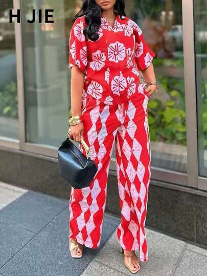 Women's Red Short Sleeve V Neck Floral And Geometric Print Top With Matching Wide Leg Pants Boho Casual Two Pieces Set