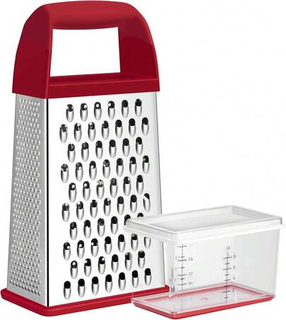 Cheese Grater With Container, Professional Cheese Grater With Handle, Stainless Steel Graters For Kitchen Handheld, Box Grater With 4 Sides For Vegetables, Ginger, Potatoes (Red),26345164