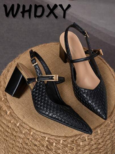WHDXY Black Woven Texture Chunky Heel Pointed Toe High Heels, Women's Shoes With Lace-Up Design, Fashionable For Daily Wear, Office, And Parties
