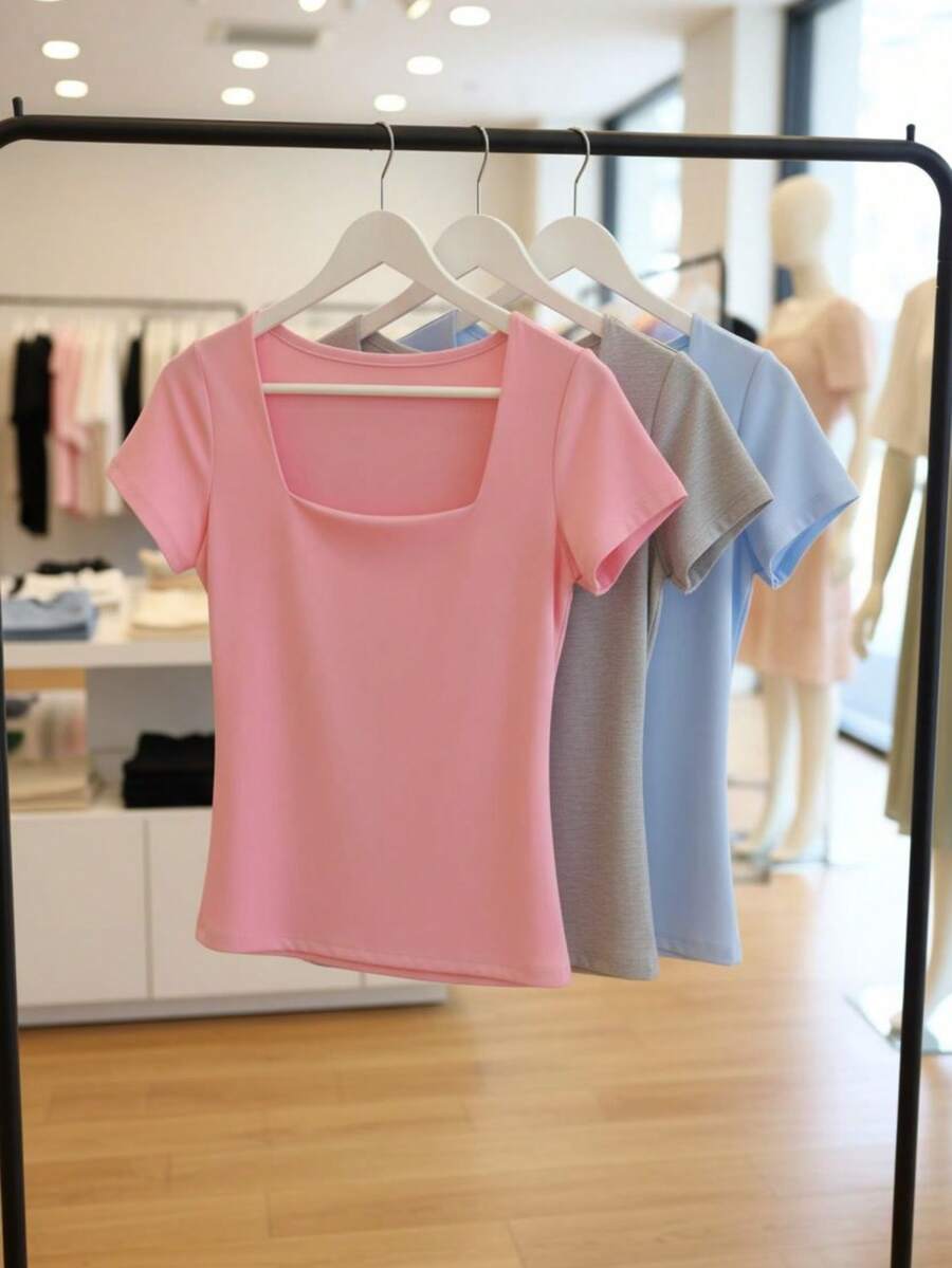 Set Of 3 Women's Baby Look Blouses With Square Neckline, Short Sleeves, Basic Shaping, Versatile, Casual Fashion, No Transparency, Fabric With Elastane, , Blogger Style, Affordable - PINK-gRAY-bLUE - View 1