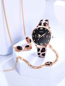 SOKI Women's Watch, 1 Set, Fashionable, Personalized Leopard Print PU Strap Quartz Watch, Round Heart Dial, Leopard Print Necklace And Bracelet SSuitable For Daily Wear, Birthday Gift, Back To School, Thanksgiving, Couples Occasions, Best Gift (Box Not Included) - Brown - View 5