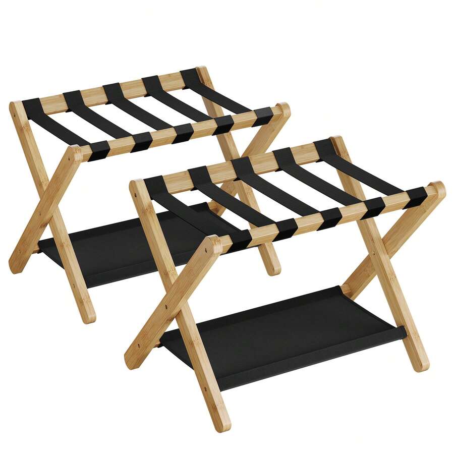 SONGMICS Portaequipajes Plegable, Juego de 2, Estante de Equipajes de Bambú, para Invitados, Hotel, Dormitorio, Carga 60 kg, Beige Natural - Amarillo - Ver 1