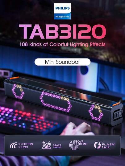 PHILIPS 飞利浦迷你条形音箱 TAB3120，RGB 灯光效果，兼容电视、PC、笔记本电脑、平板电脑、手机，蓝牙 5.3 稳定连接，3.5 毫米 AUX 接口，高音质，3600mAh 大电池，水平垂直放置，适用于游戏、音乐、电影、礼物