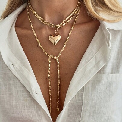 قلادة خرز CCB غير منتظمة، قلادة طويلة على شكل Y مزينة بشكل قلب وشرابة عصرية