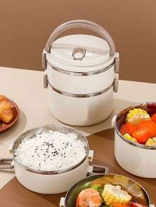 双层圆形便当盒，带盖密封午餐盒，便携式餐盒（保温约1小时，搭配保温袋效果更佳。汤类和液体食物应放在上层，打开盖子前请先打开通风口） - 米色 - 查看 6