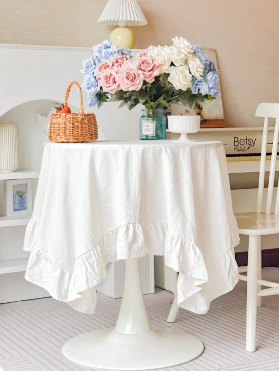 1pc Ruffled Ins Style Tablecloth, White Picnic Background Cloth, Floral Edge Round Tablecloth, Dessert Display Tabletop Cloth, Tea Table Cloth - Multicolor - View 1