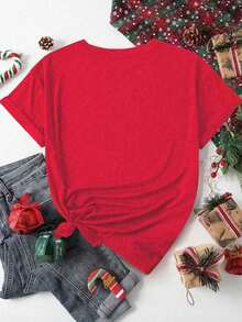 Women's Casual Christmas Hat & Text Graphic Red T-Shirt, Fall/Winter - Red - View 3