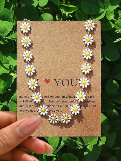 قلادة سلسلة نحاسية قابلة للتعديل مزينة بزهور البابونج والكريزانثيمم الأبيض العتيقة، بطاقة بركة بقلب أحمر، هدية أنيقة للفتيات، مناسبة للارتداء اليومي