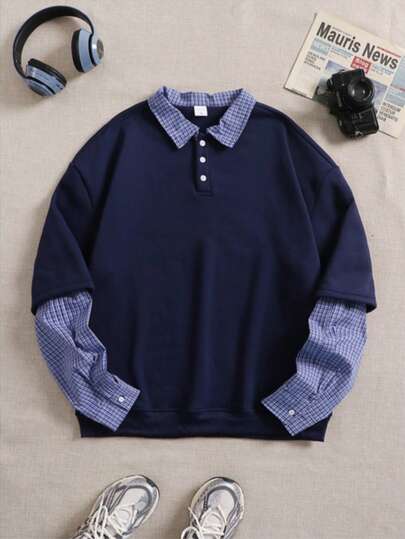 男士长袖格子拼接Polo衫，宽松休闲运动学院风，适合春秋季穿着