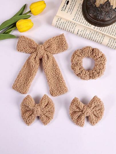 4 st/set vinterhåraccessoarer i plysch, inklusive rosetthårspänne, hästsvanshårspänne och luggspänne, för kvinnor (kaffefärgad), klospännen