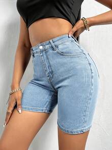 MUZZ 女士夏季休闲猫须装饰弹力修身牛仔短裤，修身剪裁，适合度假、海滩、音乐会、音乐节等场合，打造牛仔女孩造型 - 淺色水洗藍 - 查看 2