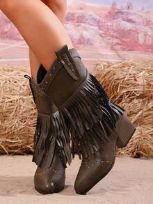 Botas de tobillo de cuero de PU con estilo occidental, cremallera lateral, remaches, flecos decorativos y tacón grueso con textura de grano de madera, para mujer, adecuadas para otoño/invierno y primavera/otoño, estilo de botas vaqueras - Marrón - Ver 6