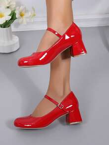 Autumn/Winter Plush Lined New Evening Dress Pumps, Glossy Patent Leather Women's Thick Heel Round Toe Red High Heels. Instep Strap Buckle Mary Jane Women's Shoes, Comfortable Indoor Outdoor Party Flats, Soft Fleece Lining Bohemian Style Red High Heel Women's Shoes - Đỏ - Xem 8