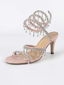 Women's Stiletto High Heel Sandals, Fashion Minimalist Strap With Rhinestone Snake Wrap Round Toe, Suitable For Summer & Autumn - Baby Pink - View 15