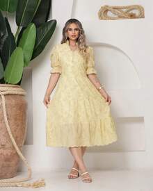 Women's Midi Dress With Embroidered Lace, All-Over Print, Embroidery, Button Detail, Ruffle Detail, Gathered Detail, Suitable For Formal And Evening Wear. - Two-tone Yellow - View 1