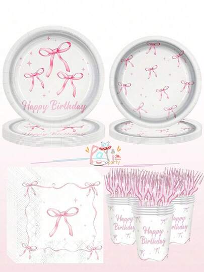 120 Pieces Pink Bow Party Supplies Paper Plate Napkin Bow Cutlery Set Disposable Paper Cup Pink Fork Pink Bow Birthday Party Supplies For Single Woman Bride Engagement For 24 Guests, Use 350g Thickened Paper, The Paper Plate Quality Is Better