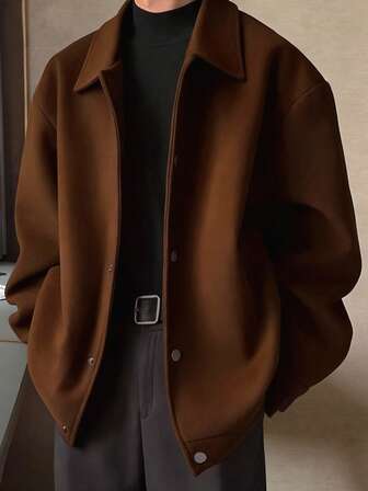 Chaqueta con cremallera completa de mezcla de lana con cuello vuelto de unicolor para hombre, abrigo grueso, ropa urbana, estilo caballero, versátil para múltiples ocasiones