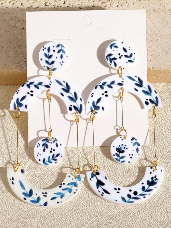 1 Pair Acrylic Faux Ceramic Texture Painted Floral Mosaic Minimalist Earrings, Cute Stud Accessories